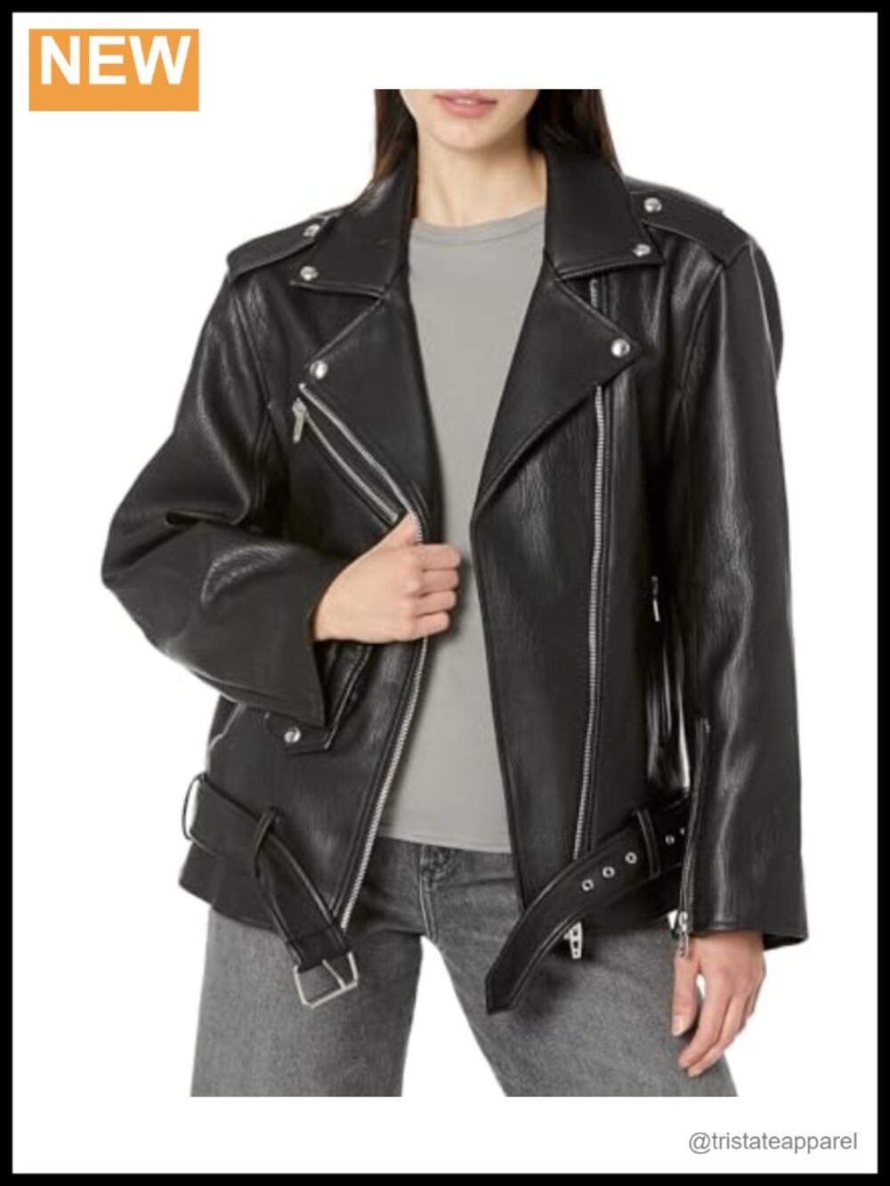 Vegan Leather Long Belted Moto Jacket with Zipper Women's Faux Leather Coat